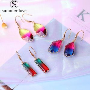 Hot Sell Colorful Glass Crystal Pendant Dangle Earring for Women Unique Design 18 Color Geometric Hook Earring Fashion Jewelry Gift