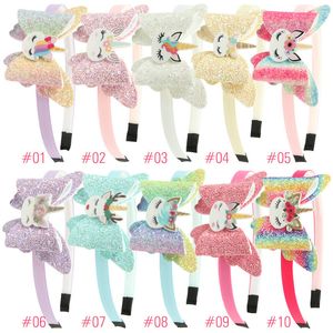 Kawaii Baby Rainbow Unicorn Headband Kids Sequin Bowknot Glitter Pink Cartoon Bow Hair Sticks Girl Party Tillbehör