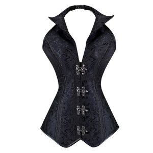 Donne Jacquard Halterneck Overbust Corsetto Gilet Plastica disossato Body Shaper Vita Cincher Corsetto dimagrante con bavero S-XXL Nero Marrone