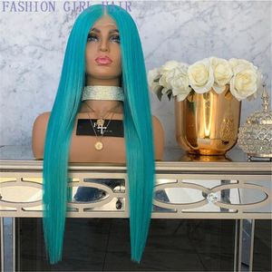 Kylie Jenner Style zaprzeczył Blue Color Synthetic Lace Front Wig 360 Koronki Bezklejowe Proste Przezroczyste Koronki Peruki Dla Kobiet Kostium