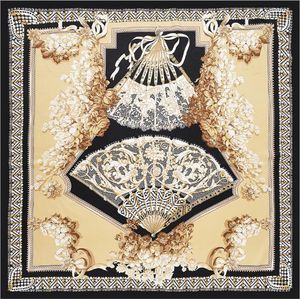 Lenços Novo Lenço De Seda De Sarja Mulheres Grandes Xales Euro Retro Fan Print Stoles Quadrado Bandana Moda Lenço Lenço Feminino Foulards Toalha de Praia 130 * 130cm 2024 Novo