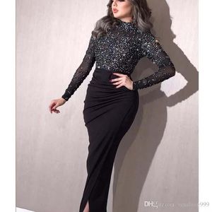Elegancki Dubaj Arabski Czarny Mermaid Suknie Wieczorowe Długie Klejnot Neck Perły Koraliki Front Split Evening Suknie Formalne Dresses Robe de Soiree