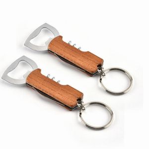 Openers Wooden Handle Bottle Opener Keychain Knife Pulltap Double Hinged Corkscrew Stainless Steel Key Ring Openers Bar LX2357