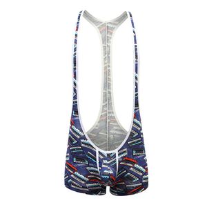 Seksowna męska bielizna Mężczyźni Kombinezon Wrestling Garnitur Singlet Undershirt Gay Mężczyzna Blue Print Bodysuit Mankiniego Swimsuit Leotard Podnośniki