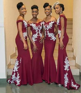 South Africa Style Burgundy Mermaid Bridesmaid Dresses Off The Shoulder White Appliques trumpet formal Maid Of Honor Gown For Wedding BD8958