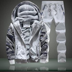 スポーツウェアフリース厚いフード付き服カジュアルトラックスーツジャケット+パンツウォームメンセット冬のスウェットシャツ