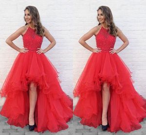 Czerwony Asymetryczny pociąg Nowy Prom Dresses Halter Top Zroszony Organza Wzburzona Specjalna okazja Dress Formalne Eleganckie Suknie Wieczorowe Custom