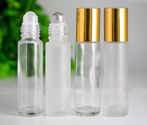 10 ml tomma glasparfymflaskor med rostfritt stål rullkula bärbar transparent frostrulle på flaskor med svart guld silver lock