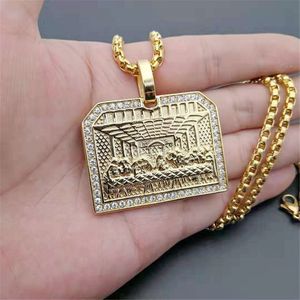 Hip Hop Iced Out Bling L'Ultima Cena Ciondolo Collana per uomo Collane in acciaio inox oro Collane in acciaio inox maschile Gioielli religiosi N74