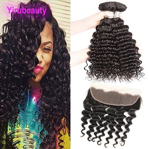 Cabelo humano brasileiro 3 pacotes com 13x4 Lace Frontal pré-arranhado onda profunda Curly 4 peças/lote Virgin Hair 95-100g/peça