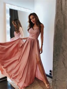 Bestidos de Gala Sexy Open Back Lace Prom Klänningar Lång Spaghetti Straps Side Slit Long Party Dresses Vestido de Festa Longo