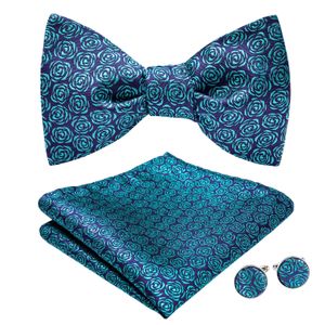 Hi-Tie Fashion Blue Flowers Bow Tie With Handkerchief Cufflinks Jacquard Woven Designer For Mens Wedding Business Party AL-070