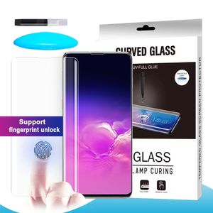 Vätska lim Anmärkning 10 Fodral Friendly UV Light FingerPrint Unclock Tempered Glass Full Adhesive Skärmskydd för Samsung S10 S9 S8 Plus S7