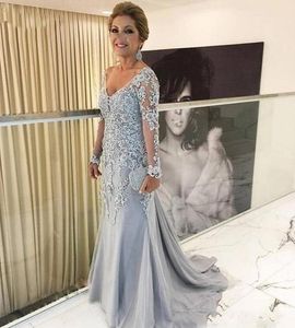New Arrival Mermaid Plus Size Mother Of The Bride Dresses V Neck Long Sleeves Lace Appliques Tulle Beads Sweep Train Party Evening252d