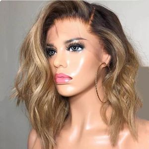 dark roots blonde ombre short curly wave synthetic lace front wig side parting heat resistant fiber hair full wigs f5501871