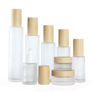 Frosted Glass Bottle Cream Jar with Imitated Wood Lid Lotion Spray Pump Bottles Portable Refillable Cosmetic Container Jars
