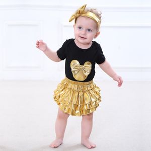 Baby clothes set 3 pcs Black Cotton Rompers Golden Ruffle Bloomers Newborn Infant Clothing set Headband Long sleeves