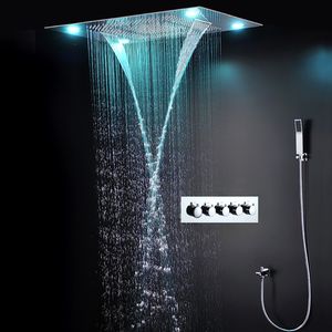 Luxury LED Shower Set Concealed Ceiling Waterfall Rainfall ShowerHead Panel 600*800MM Bathroom Large Rain Shower Faucets