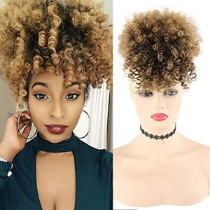 Pferdeschwanz Afroamerikaner Kurzer Afro-Kinky-Curly-Wickel-Pferdeschwanz aus reinem Haar mit Kordelzug, 1b/27 Ombre-Blond