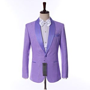 Side Vent One Button Light Purple Paisley Groom Tuxedos Shawl Lapel Groomsmen Mens Wedding Party Suits (Jacket+Pants+Vest+Tie) K17