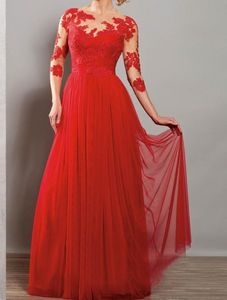 Klassisches A-Linien-Abendkleid für Strandbrautjungfern aus bescheidenem Chiffon in Rot mit 3/4-Ärmeln und langen bodenlangen formellen Applikationen für Ballgäste, Kleider DH000