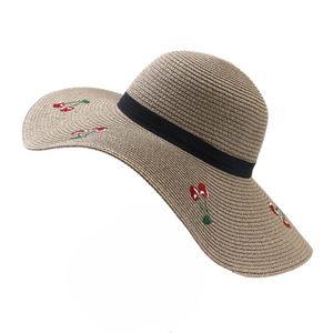 Summer Women Foldable Sun UV Protection Sombrero Straw Hat with Embroidery Cherry Ladies Large Brim Beach Floppy Hat Sunhat