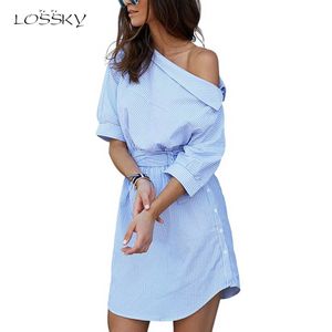 夏の女性のドレス青い縞模様のシャツショートドレスミニセクシーなサイドスプリットハーフスリーブのビーチの服プラスサイズのシャツ3xl
