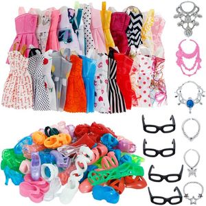 30 Item/Set Doll Accessories = 10x Mix Fashion Cute Dress + 4x Glasses+ 6x Necklaces + 10x Shoes Dress Clothes For Barbie Doll