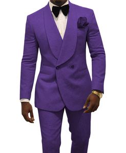 Newest Double-Breasted Purple Paisley Groom Tuxedos Shawl Lapel Men Suits 2 pieces Wedding/Prom/Dinner Blazer (Jacket+Pants+Tie) W743