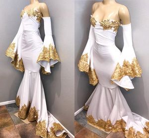 Designer Poet Long Sleeve Gold Applique Beaded Evening Gowns Prom Dress 2020 Off The Shoulder Mermaid Soft Satin Special Occasion Dress