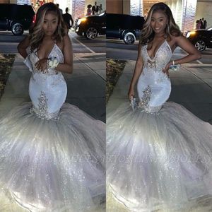 Glitter Silver Sexy V Neck Mermaid Prom Dresses Spaghetti Sleeveless African Long Puffy Formal Evening Gowns Graduation Party Dress BC3420