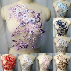 White Purple Blue D Flowers Beads Rhinestones Appliques Embroidered Wedding Gown Decoration Mesh Trims Fabric Sew On Patch For Dress DIY