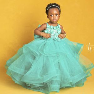 Синий 3D Цветы девушка цветок платье для венчания Многоуровневой юбки малышей Pageant платье Ruffled Тюль Большого лук рождения дети платья