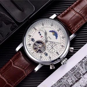 Toppmärket herrklockor mode mekanisk automatisk klocka lyx äkta läderarmband Diamant day-date Moon Phase urverk armbandsur för män Fars dag present