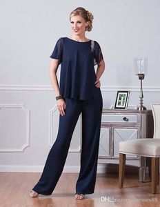 Abiti da pantaloni in chiffon blu navy per madre della sposa gioiello scollatura abiti economici festa per la sera per madri madri vestito ospite