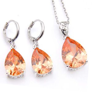 LuckyShine Elegant Jewelry sets Water Drop Morganite Earrings /Pendant 925 Silver Necklace Wedding Jewelry Gift For Womens