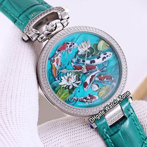 Ny Bovet 1822 Amadeo Fleurie 3D Koi Fish Lotus Dial Swiss Quartz Mens Womens Unisex Watch Steel Diamond Bezel Green Leather Watch_Zone E15