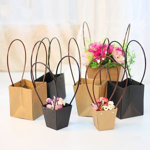 Solid Color Kraft Paper Bags For Flower Waterproof Flower Bouquet Basket For Florist Gift Valentine'S Day Bag With Handle