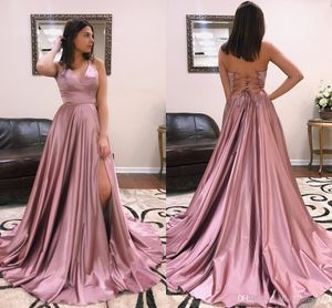 Rumieniec Różowy Sexy Prom Dresses Linia Long V Neck Proste Tanie High Side Split Backless Floor Długość Długa Wieczór Party Suknie Custom Made Made