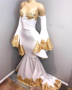 Goldene Spitze-Abschlussballkleider, Meerjungfrau, schulterfrei, lange Ärmel, formelle Abendkleider, Cocktailparty-Kleider, individuelle Größe