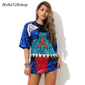 Hello528shop T-shirt da donna con paillettes stile hip-hop da donna con motivo a bocca e naso carino da donna