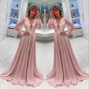2020 Chiffon A Line Mother Off Bride Dresses Long Poet Sleeves Deep V Neck Lace Appliques Sweep Train Prom Party Evening Wedding Guest Gowns