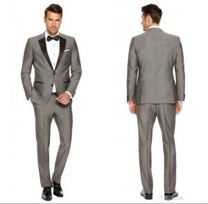 Gri Erkek Düğün Smokin Siyah Çentik Yaka Damat Groomsmen Smokin Popüler Adam Blazer Ceket Mükemmel 2 Parça Suits (Ceket + Pantolon + Kravat) 1285