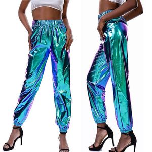 Nova Moda Mulheres Metálico Basculador Brilhante Longo Pant Mulheres Casuais Loose Cintura Alta Cintura Calça de Cor Holográfica