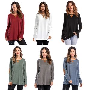 Roupas femininas Algodão Casual mangas compridas em torno do pescoço camisa 6 cores tee tops tamanho grande botão duplo botão botão colagem t-shirt M121