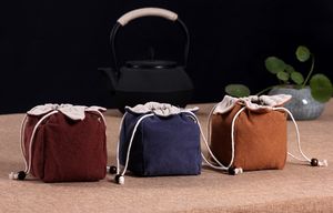 Lotus Travel Tessuto riutilizzabile Borse piccole Gioielli Tazza piccola Set da tè Custodia con coulisse Borsa di stoffa portatile addensata