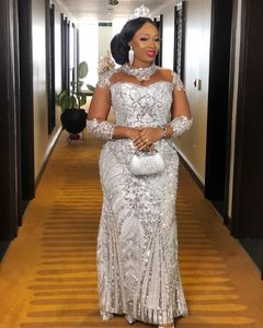 arabic aso ebi silver lace beaded evening dresses sheer neck prom dresses mermaid formal party seond reception gowns zj226