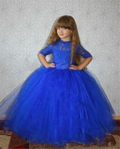 Ny billig bollklänning Royal Blue Lace Pageant Dresses Half ärmar Juvelhalsapplikationer Tulle Kids Flower Girls Födelsedagsklänningar