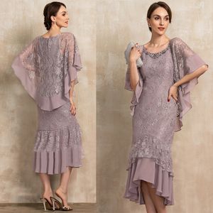 Vintage 2020 Brudens morklänningar med Wrap Lace Appliqued Bröllop Gästklänning Tea Längd Kvinnor Formell Outfit