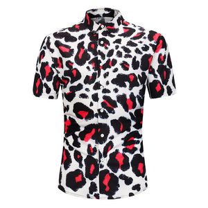 Camisas de estampa de leopardo vermelho para homens Moda de verão camisetas de manga curta de peito de peito respirável slim slim shirt m-2xl